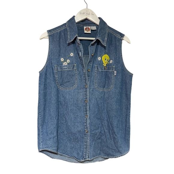 Looney Tunes Vintage Sleeveless Denim Top 90’s Tweety Bird Medium EUC - Picture 3 of 12